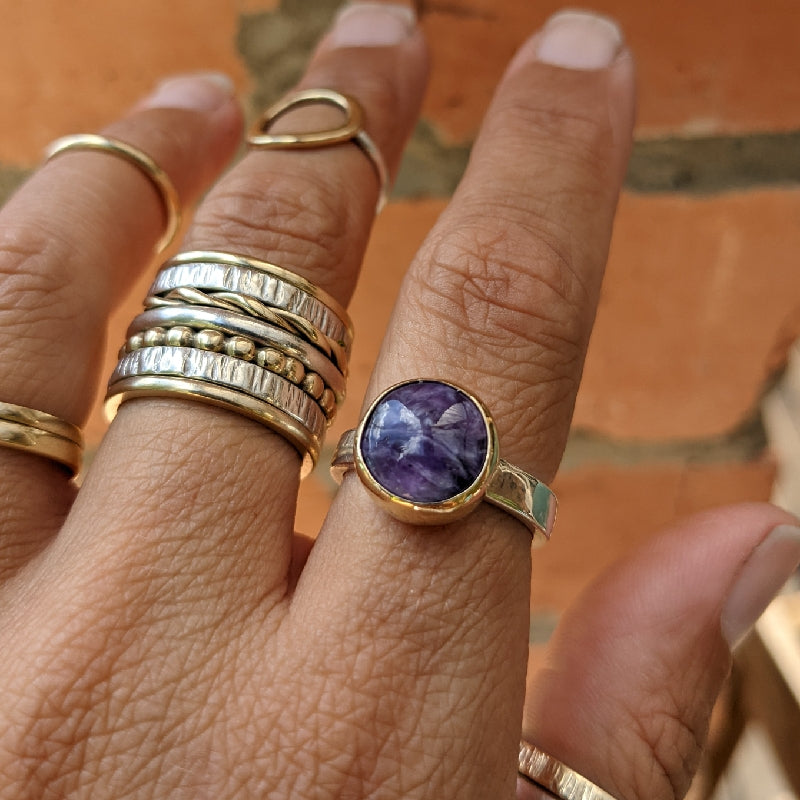 Sterling Silver and yellow gold charoite ring size Q