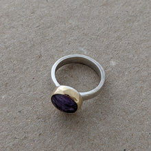 Load image into Gallery viewer, Sterling Silver and yellow gold charoite ring size Q