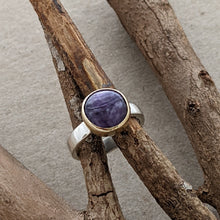 Load image into Gallery viewer, Sterling Silver and yellow gold charoite ring size Q