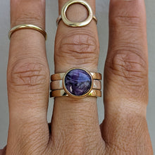 Load image into Gallery viewer, Sterling Silver and yellow gold charoite ring size Q