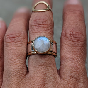 Sterling Silver and yellow gold moonstone ring size Q