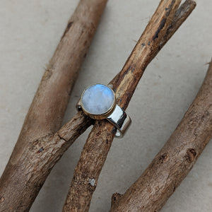 Sterling Silver and yellow gold moonstone ring size Q