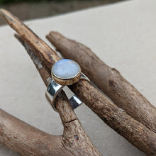 Load image into Gallery viewer, Sterling Silver and yellow gold moonstone ring size Q