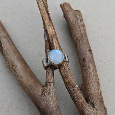 Sterling Silver and yellow gold moonstone ring size Q