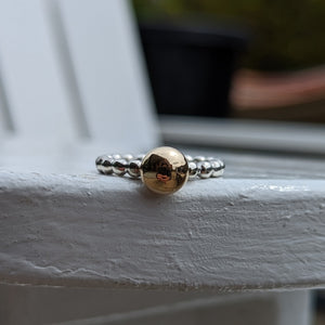 9ct yellow gold blob stacker with sterling silver beaded band size O